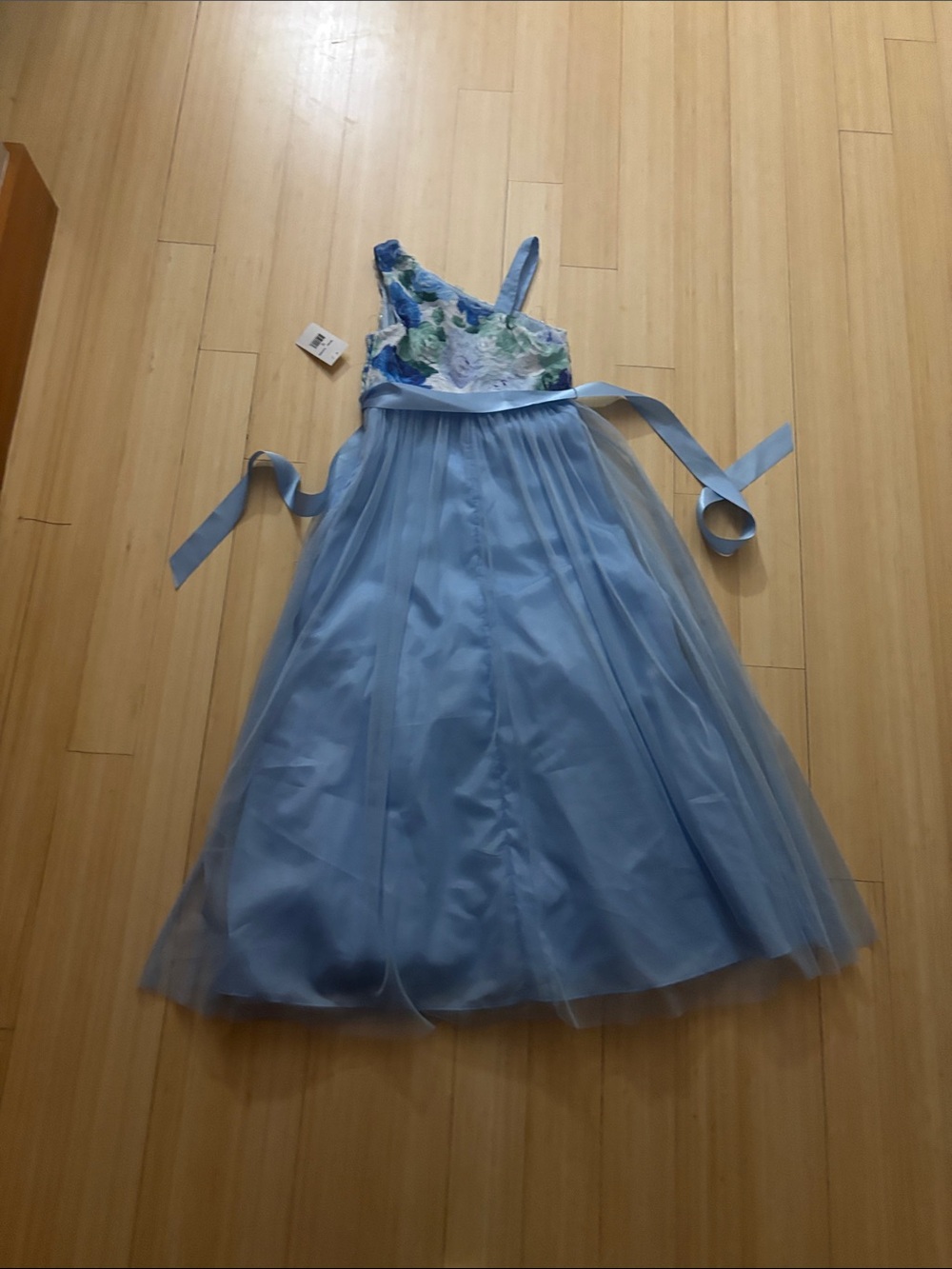 Flower-Print Light Blue Tulle Formal Dress for Girls
